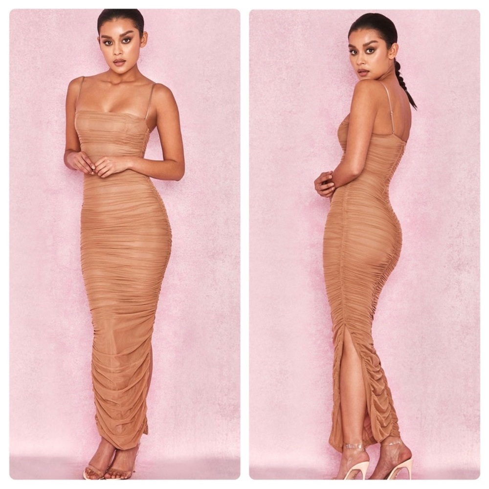 House of CB Fornarina Organza Mesh Ruched Maxi Dress Tan Size Small - Picture 2 of 12